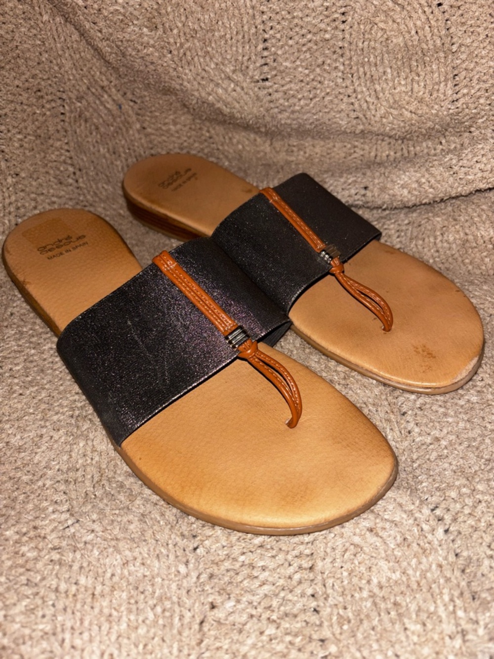 André Assous Black Metallic Shimmer Leather Thong Slide Sandals Made in Spain 42